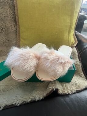 Lauren Lorraine Pale Pink Faux Fur Slide Sandals